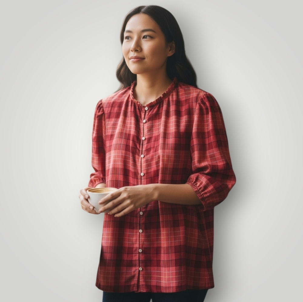 Vineyard Vines Plaid Ruffle Performance‎ Neck Top Coastal Grandmother Small